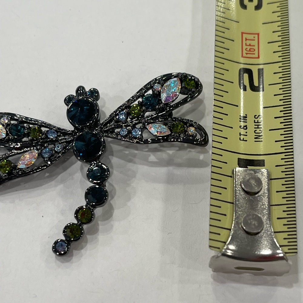 Vintage Multicolor Rhinestone Dragonfly Brooch Black Metal  Has Crown Mark - Picture 7 of 16
